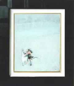 油絵 菅家令子 絵 絵画インテリア額付(青緑＋銀)F3-091918子猫犬 女子