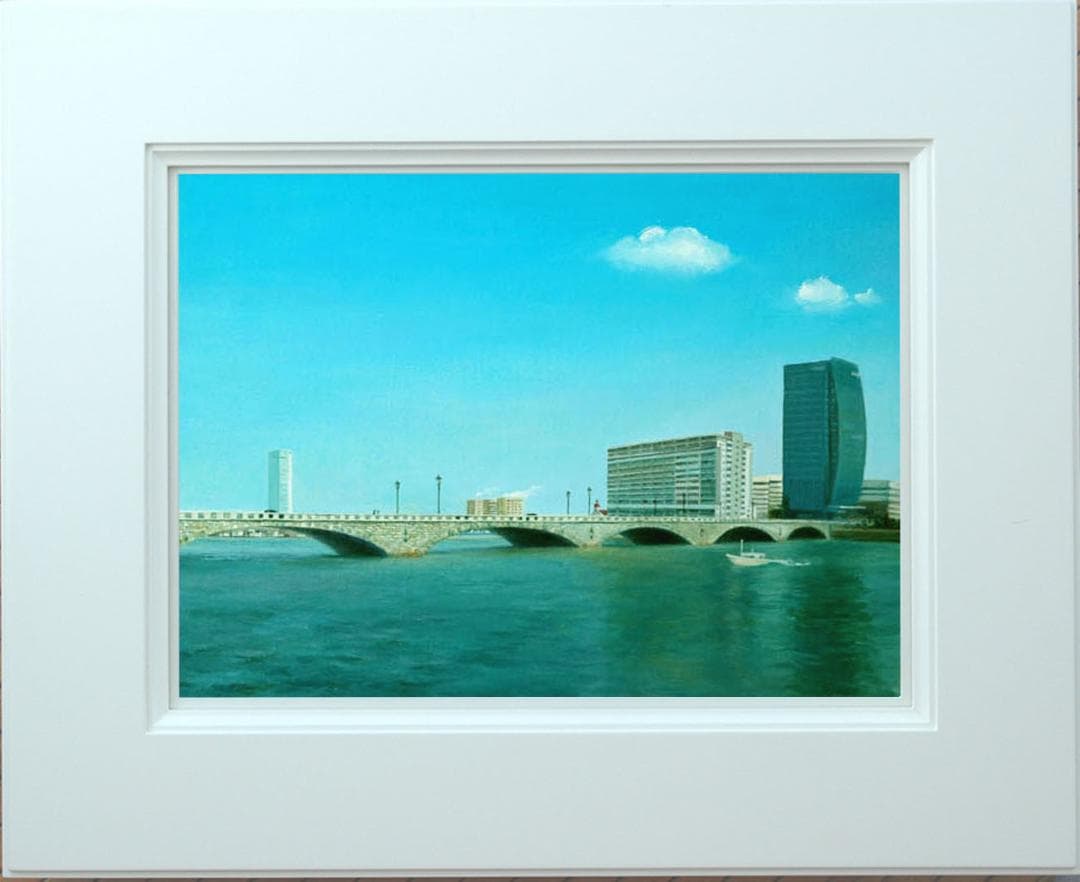 油絵 菅家令子絵画インテリア額付(青緑+金色の枠)F6-080214万代橋 新潟