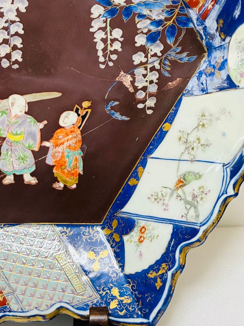 お値下❌ 明治初期 香蘭社 色絵褐地藤絵人物文 ブラックホーソン六角大皿