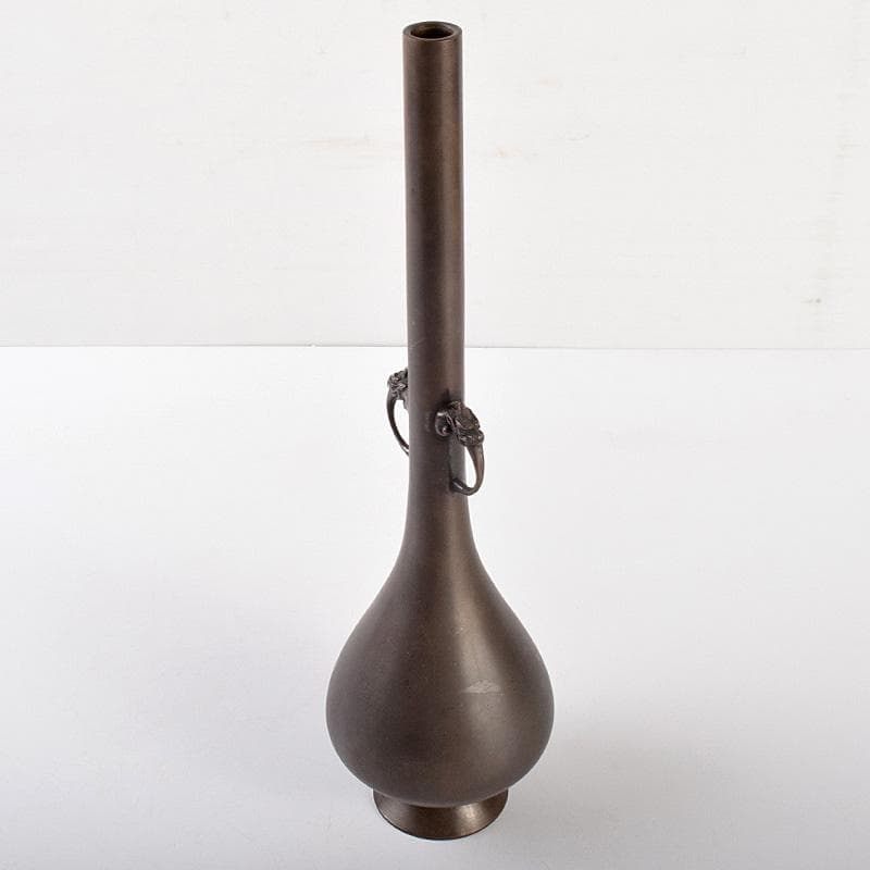中国　古銅　双龍耳鶴首瓶　時代箱付　V　R5082B