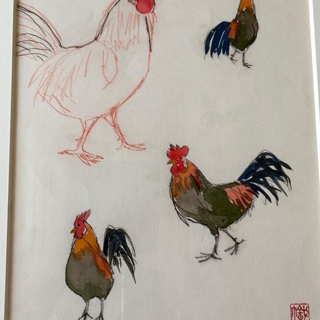 尾山幟 日展用スケッチ 日本画 額装 鶏 額装 日展評議員 B