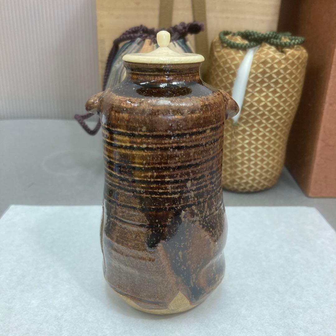 茶器　古美濃　耳付長茶入　老松ト号　妙玄斎書付　加藤光右衛門　共箱　S226MT