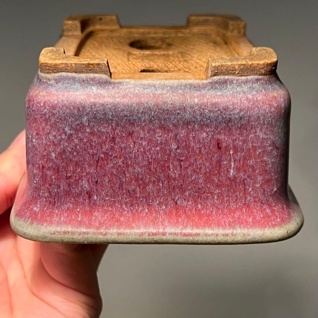 835.平安虹泉 紫釉抚角長方 盆栽鉢 植木鉢 11.7*9.7*5.7cm