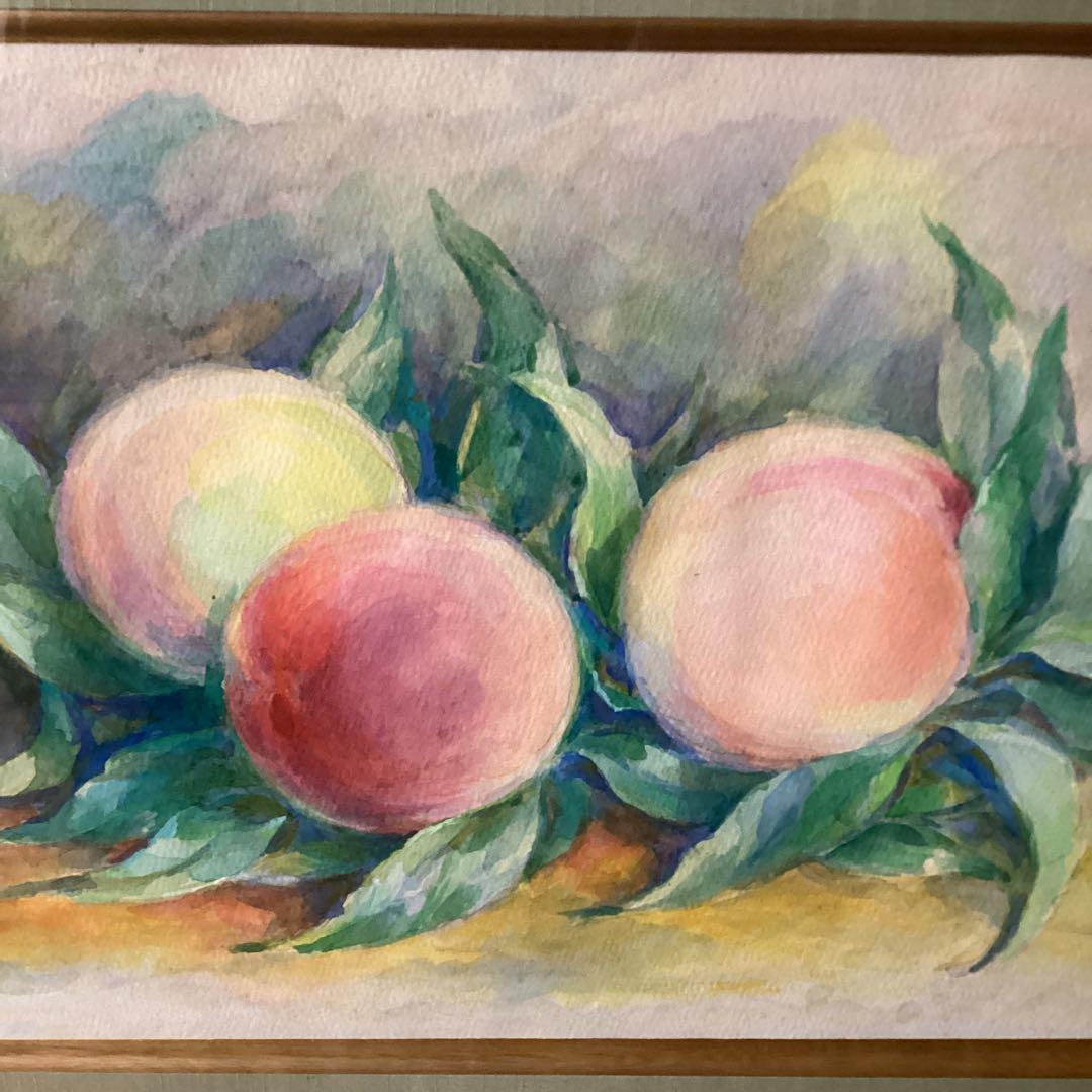 坂本繁二郎　水彩画　静物　【　桃　図　】肉筆画　豪華額装仕立　模写　即決品です。