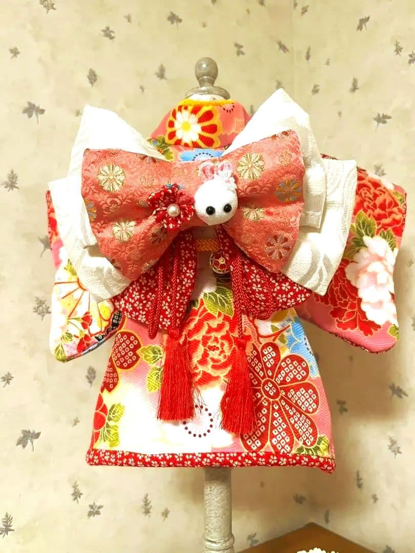 帯飾りを足してお作りし直しました。☆*花柄ピンク着物☆*　犬服　犬服用お着物