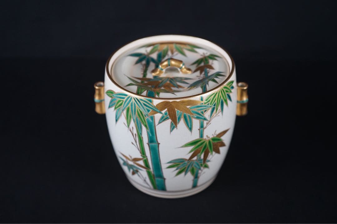 平安 京焼 手塚桐鳳 仁清写 竹絵付 竹形耳付 水指 共箱 茶道具