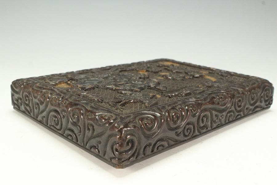 中国美術 彷 堆黒 具利縁 人物鳳鶴紋 蓋物(K-YC375)