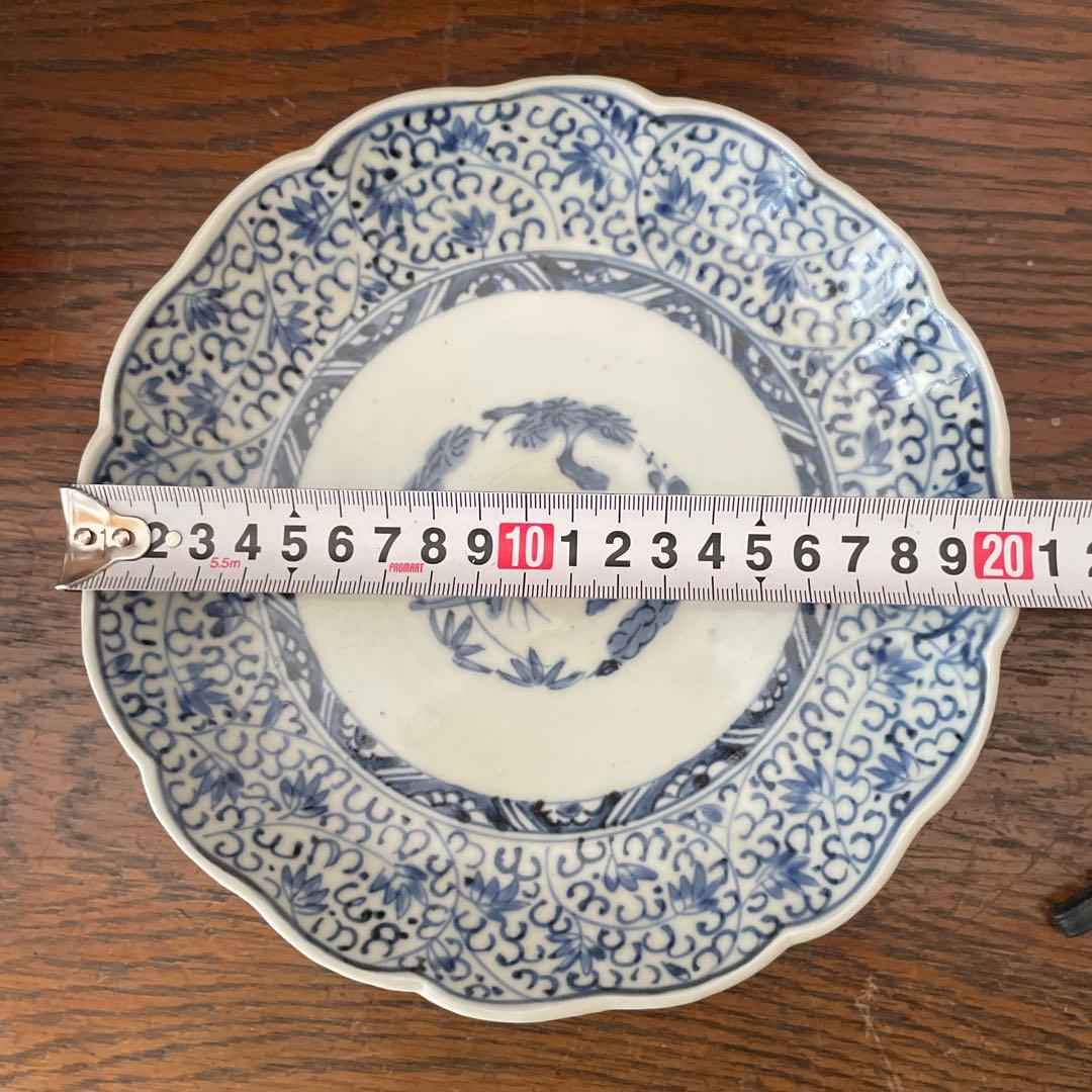 古伊万里　微塵唐草図　染付　なます皿　輪花　松文様　中皿