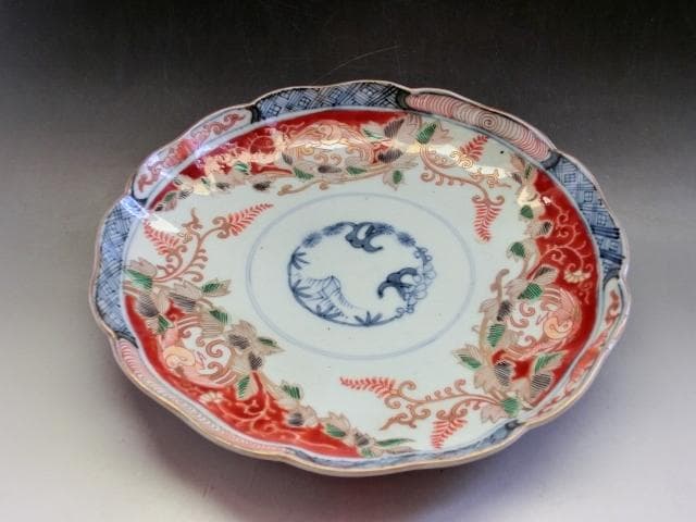 皿■赤絵松竹梅花弁型花唐草紋中皿 花鳥紋(江戸期)古美術 時代物 古い骨董品■