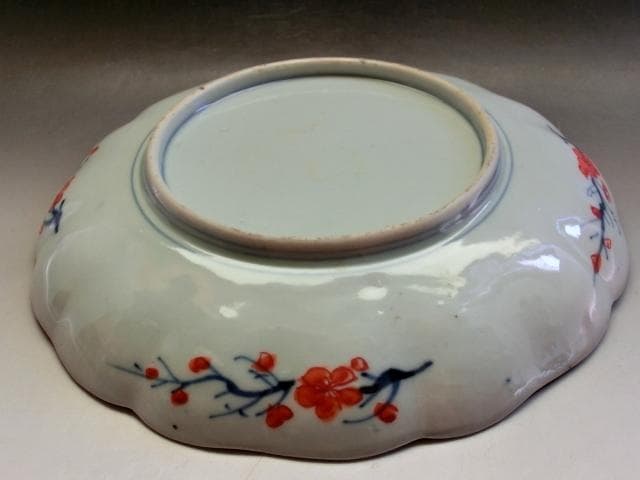 皿■赤絵松竹梅花弁型花唐草紋中皿 花鳥紋(江戸期)古美術 時代物 古い骨董品■