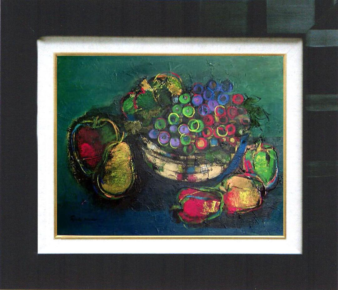 油絵 菅家令子 絵 絵画インテリア額付(青緑＋金色の枠)uF6-061304果物