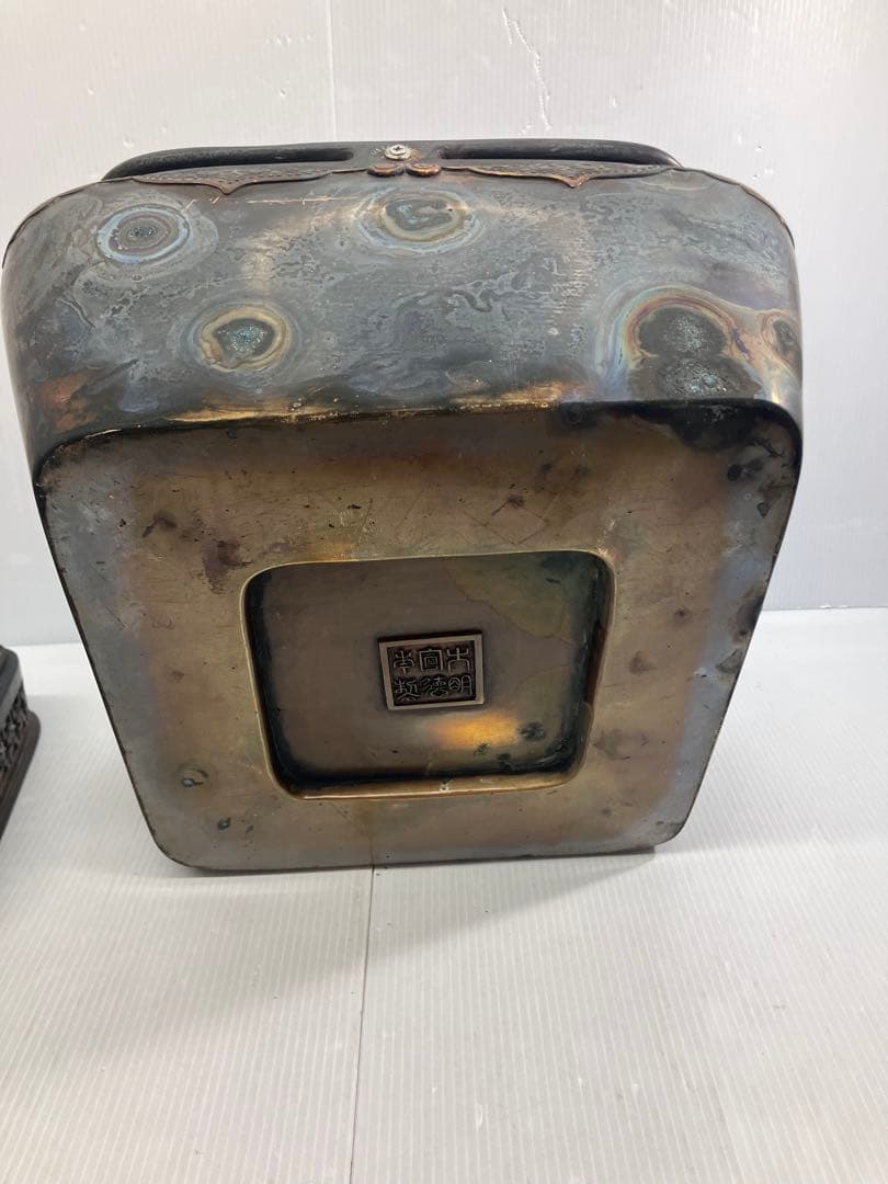 【5.8kg重厚】大明宣徳年製刻印 大型 銅製手炉 浮彫 透かし蓋 香炉 骨董品