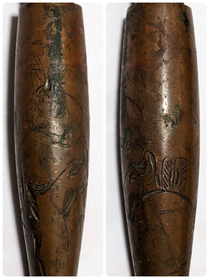 ♦明治時代 時代物 喧嘩煙管 蝙蝠 七福神 布袋図 片切彫り骨董品 喫煙具