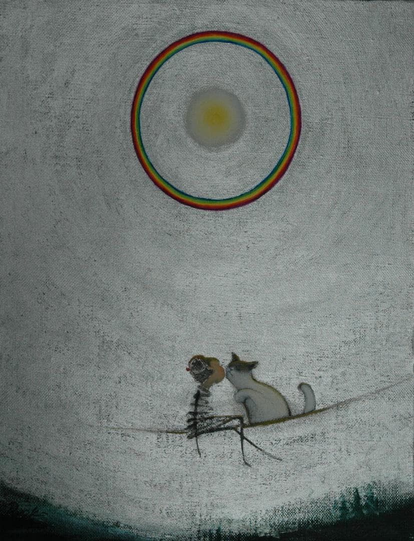 油絵 菅家令子絵 絵画インテリア額付(青緑＋金色の枠)F3-031019猫女の子