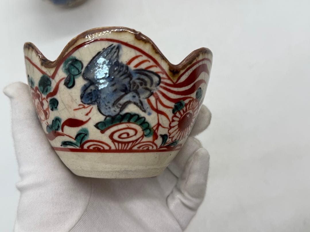 時代　赤絵花口鉢5点　春逸作　送料込み250611