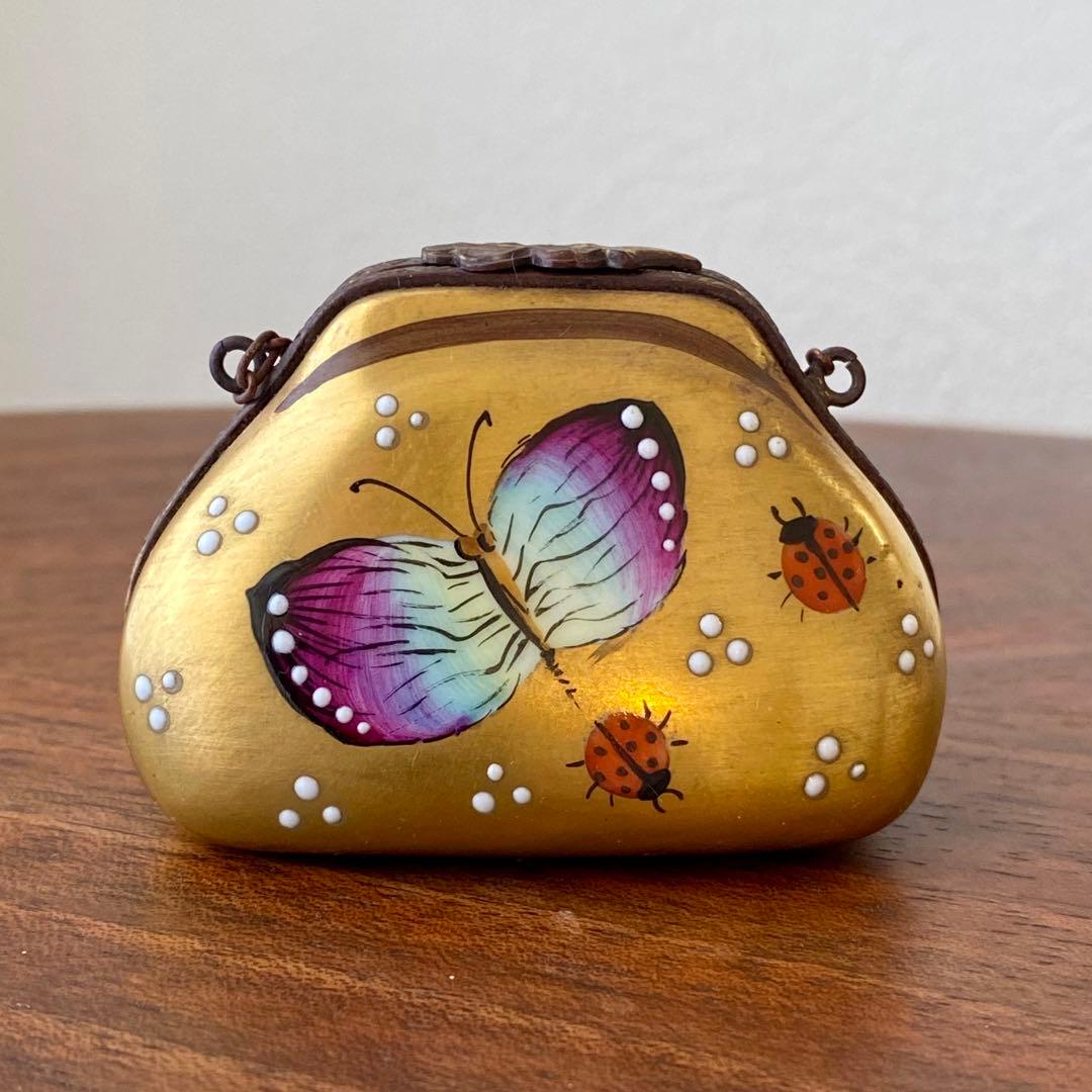 フランス製 ヴィンテージ リモージュボックス バッグ 蝶 てんとう虫 手描 金彩
