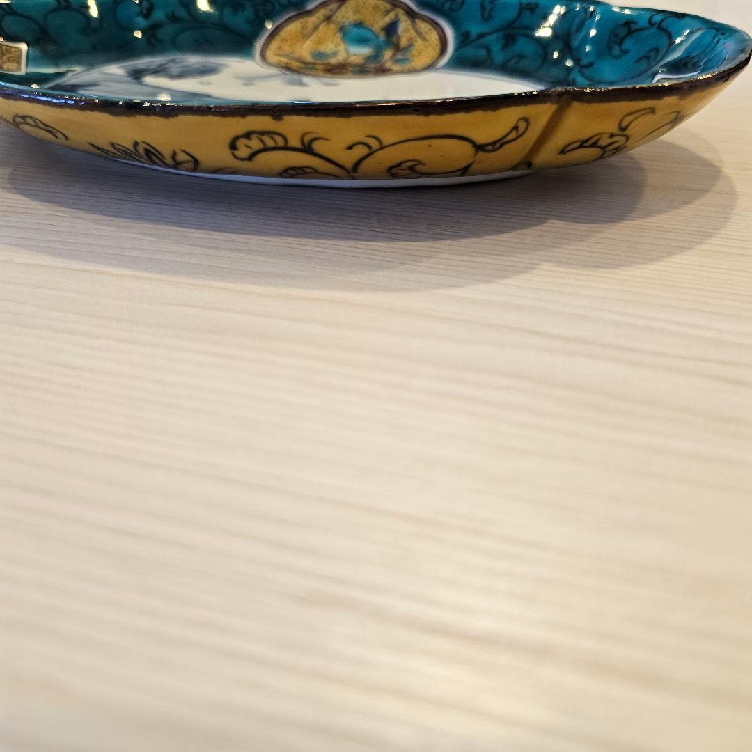 青手古九谷写 図窓絵 山水 7寸 木瓜型 長皿 九谷焼 文吉窯