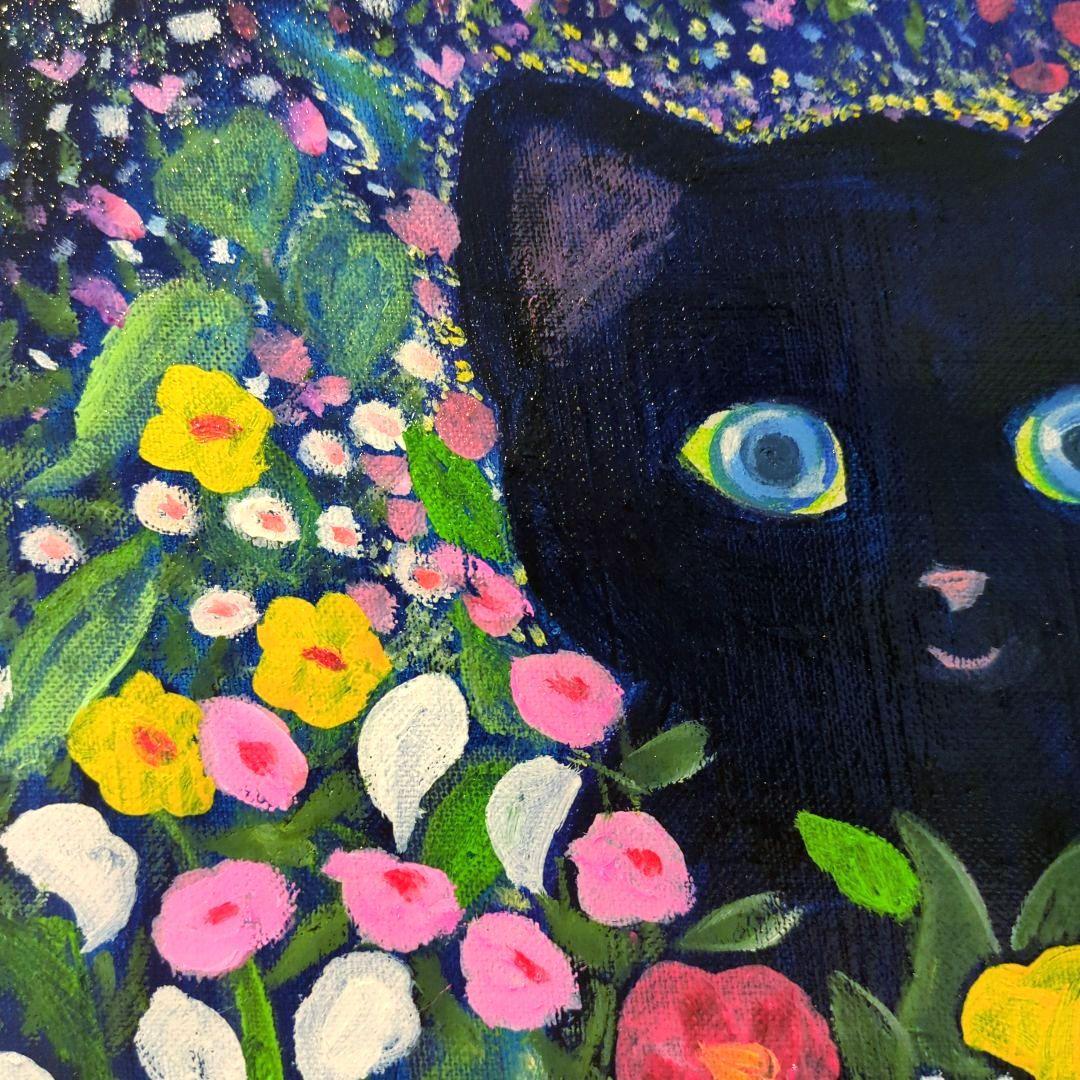 キャンバス油絵　専用   黒猫ガーデン 3　クリムト風フラワーガーデン