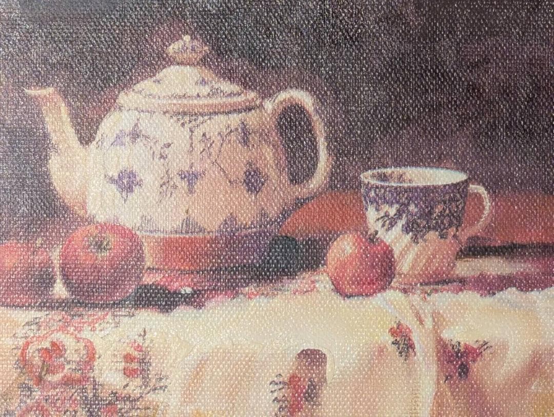 【真作】絵画　油彩　ティーポットと果物　静物画　洋食器と林檎　Y198
