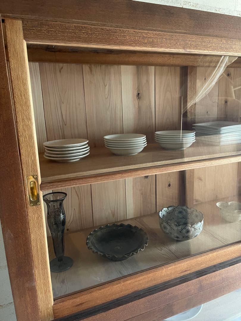 水屋箪笥　稀少　当時物　大型　ガラス棚　食器棚　収納棚　上下分割　什器　古家具