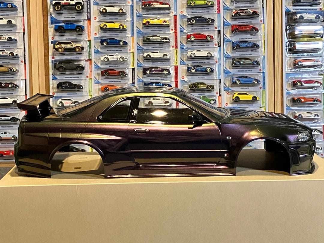 タミヤラジコンRC 日産スカイラインGT-R R34 塗装済スペアボディ偏光緑紫