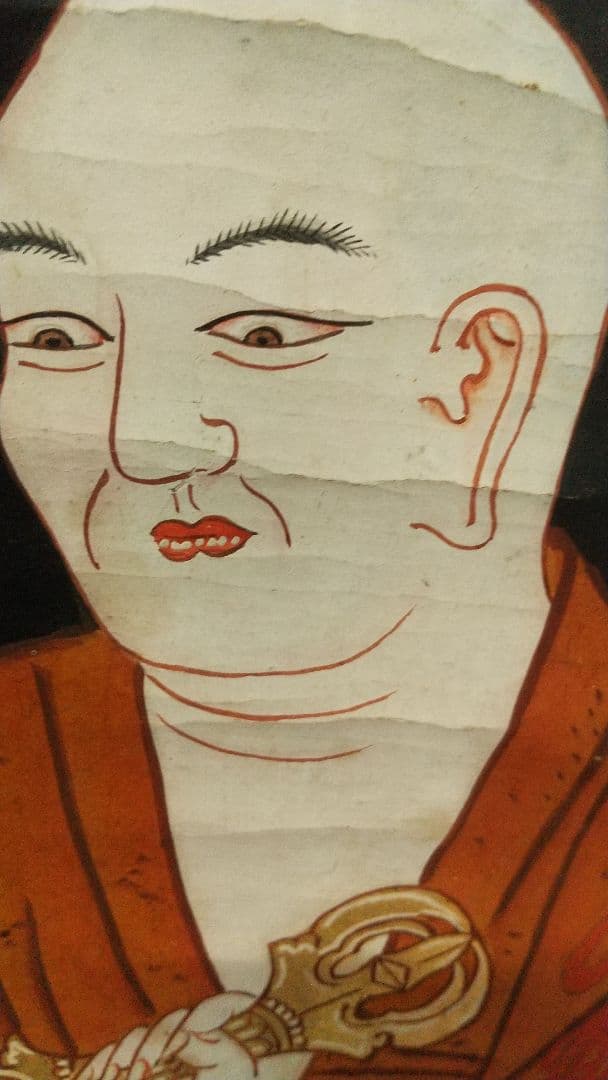 真言宗 八代祖師図 紙本掛軸 軸先なし 木版に彩色？ 仏画 傷みあり