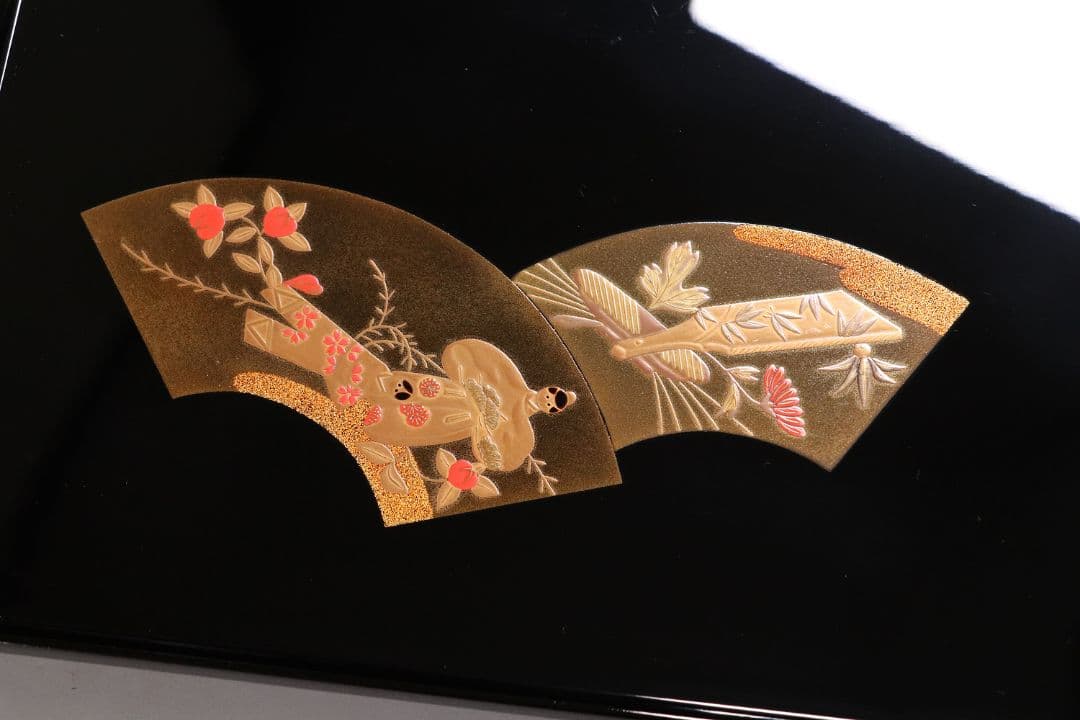 MA202 輪島塗 慶塚 扇面五節句蒔絵 卓上膳 五客 黒塗 足付長方膳 木製