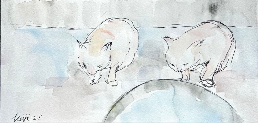 【原画】猫 水彩画｜静かな時間｜画用紙・121×251mm｜額装イメージ有