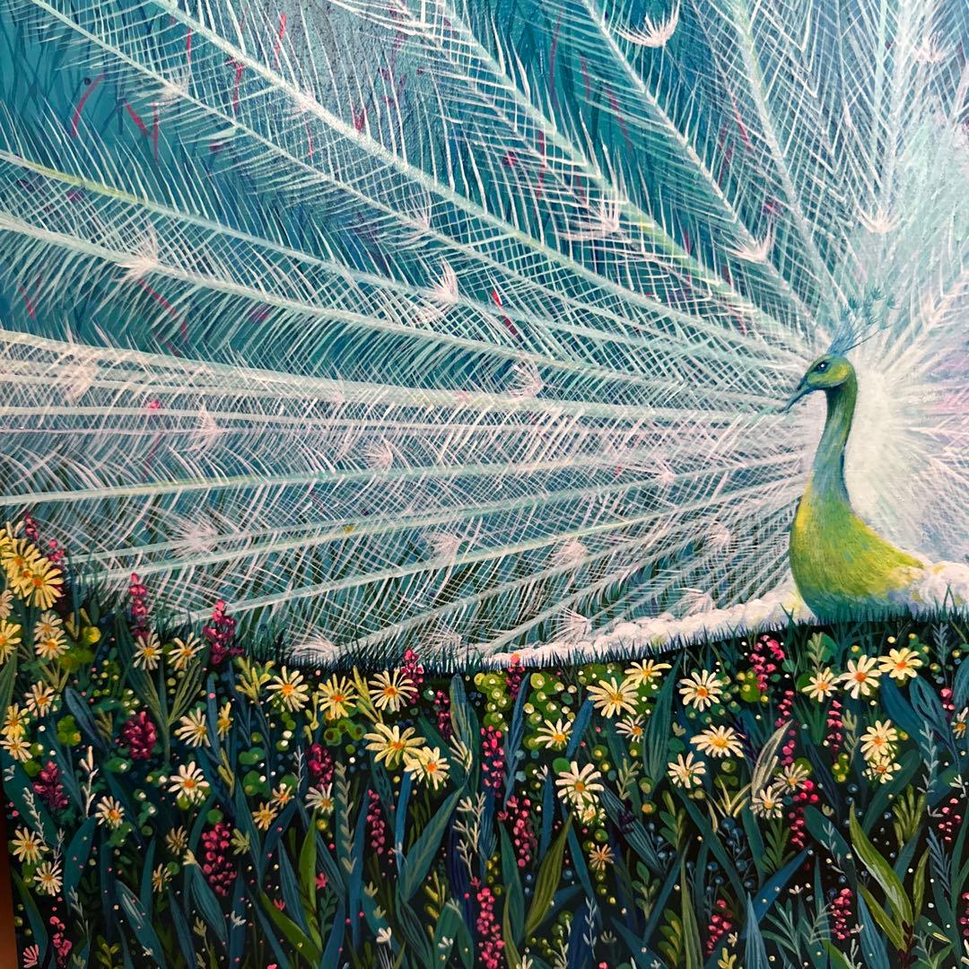 絵画　『色うつる空』 アクリル画家　白孔雀　縁起物