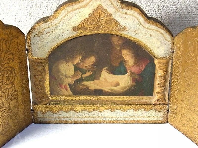 イタリア ヴィンテージ『観幼子イエスと聖母マリア』カルロ・ドルチ３枚続きの祭壇画