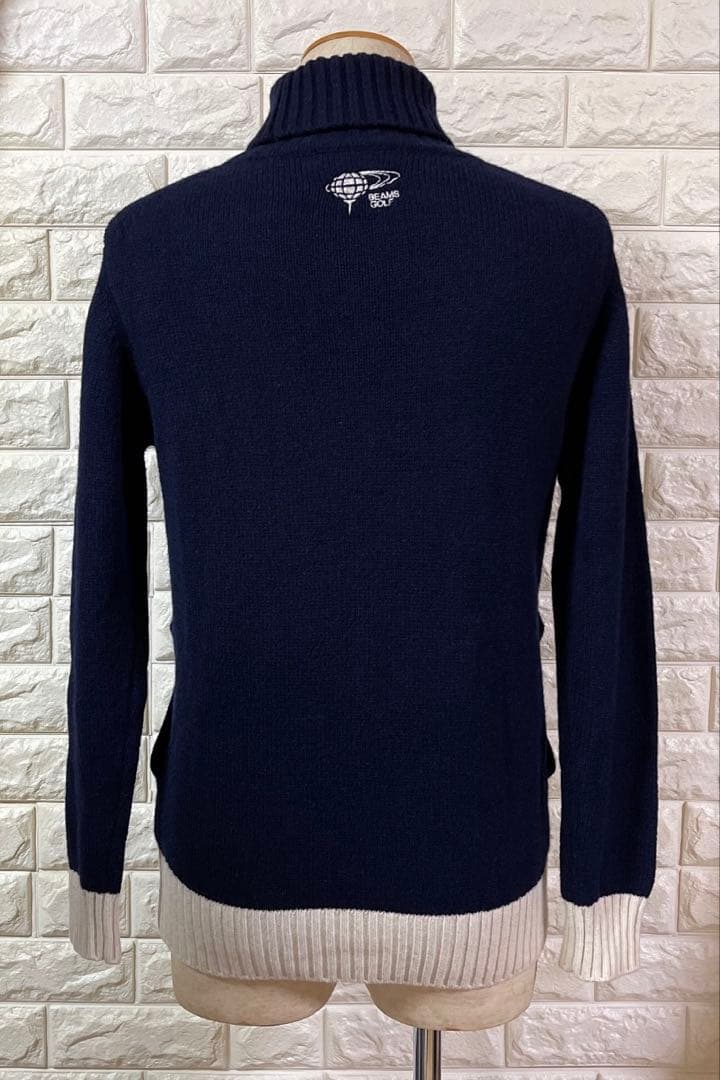BEAMS GOLF ウール100% バイカラー タートルネック ニット 紺 S