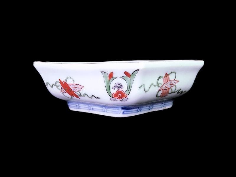 大聖寺伊万里　金襴手　窓絵　牡丹に菊　四方角向付　５客　N1643A-CLv