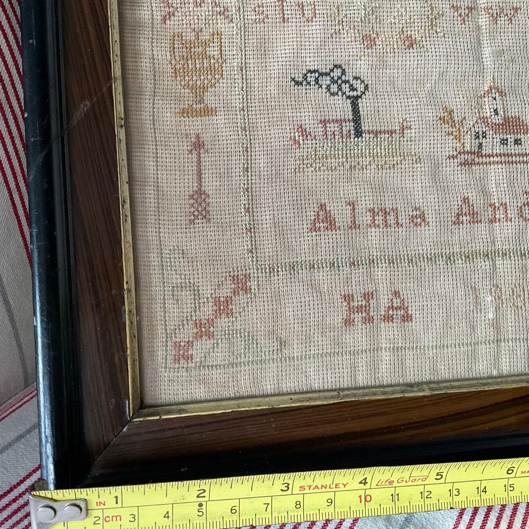 刺繍 フランス アンティーク サンプラー フレーム 1891年 ガラス入り 額装