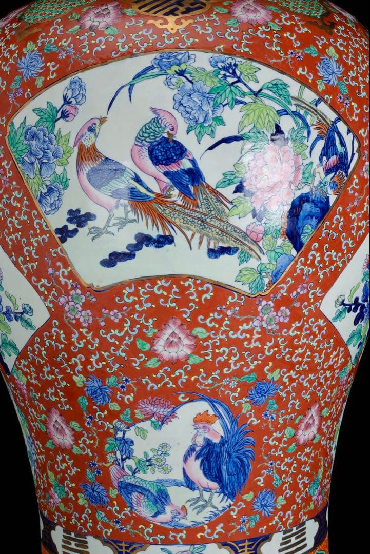 有田焼 染錦窓絵花鳥尽之図 獅子摘蓋付 沈香壺 特大99㎝ 飾壺 古美術 骨董品