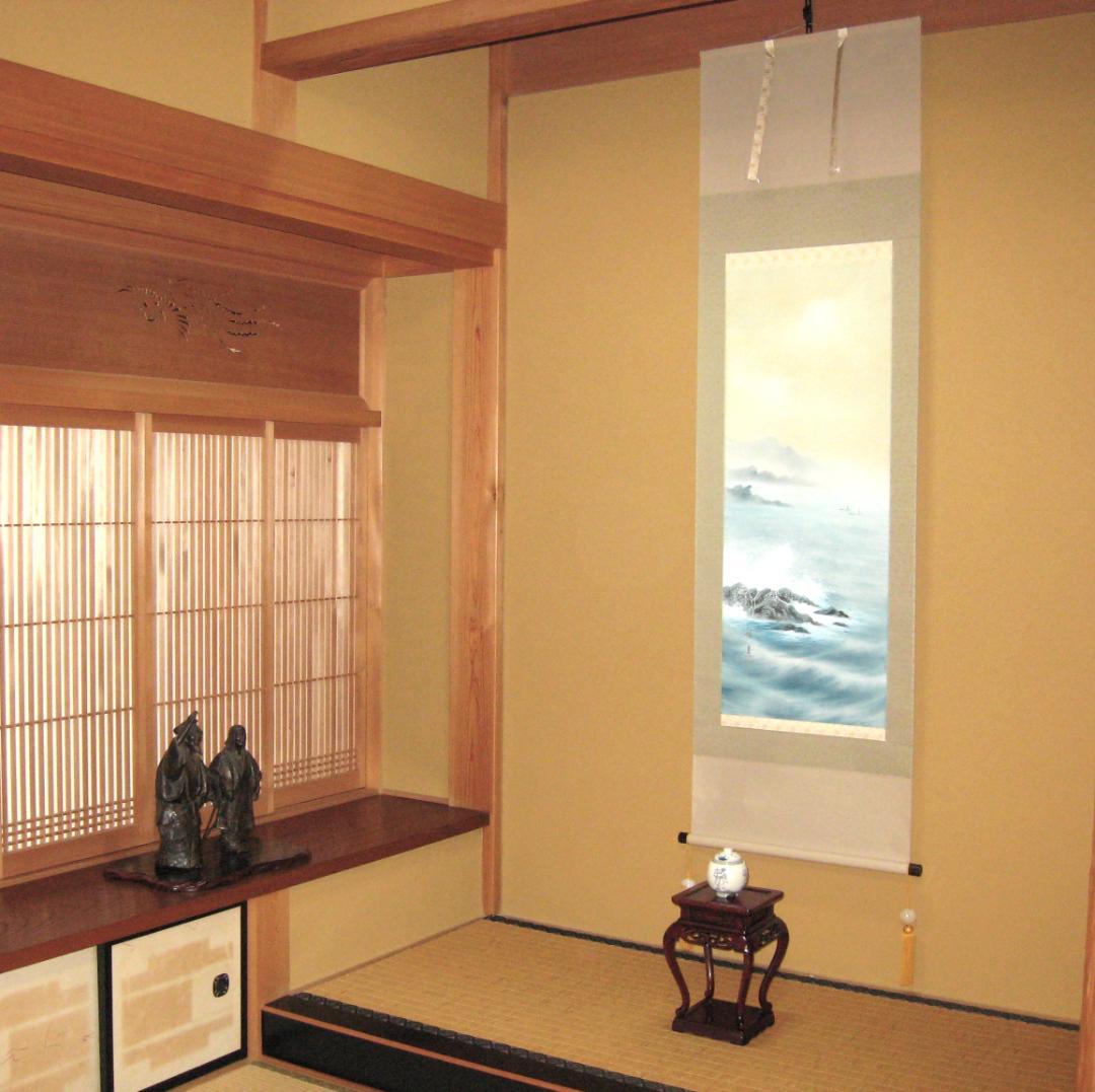 【特価掛け軸】彩色山水(夏の海の風景)◆田中祥堂 (真筆・新品) 共箱・タトウ箱