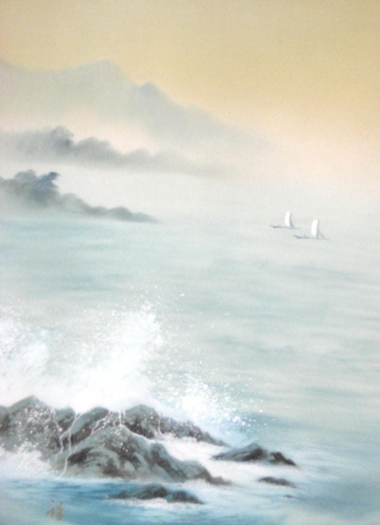 【特価掛け軸】彩色山水(夏の海の風景)◆田中祥堂 (真筆・新品) 共箱・タトウ箱