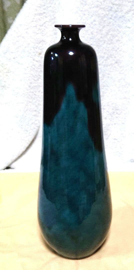 徳田八十吉花入青緑色の陶器 木箱付きA439
