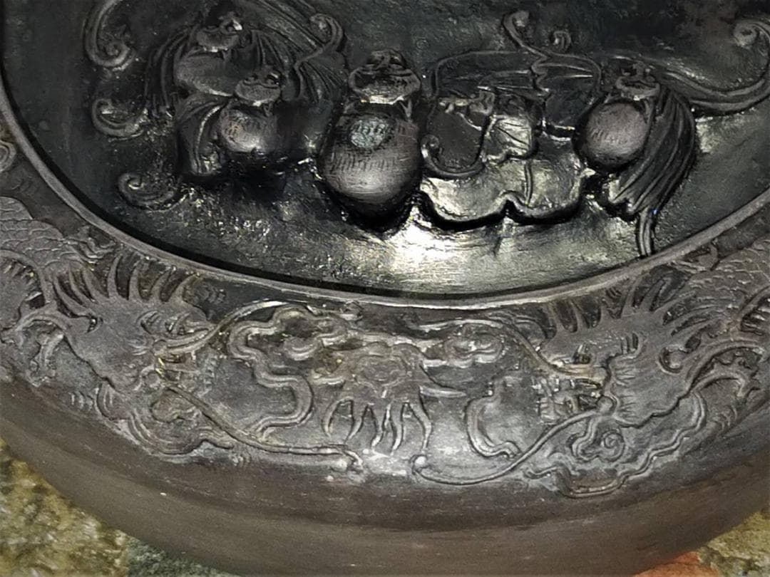 ♥中国　端渓　硯　双龍蝙蝠紋　大型　5.7ｋｇ　端渓硯　骨董品