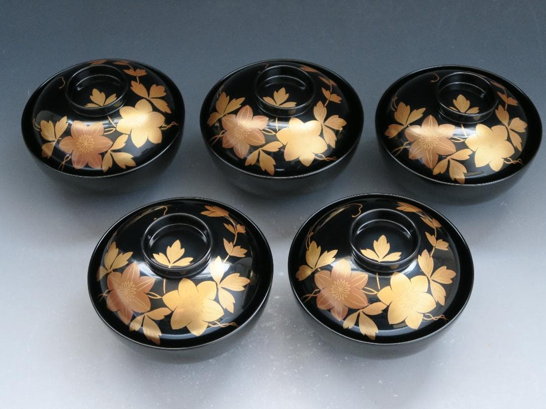 【輪島塗】鉄仙蒔絵 吸物椀 黒塗 五客揃 天然木 共箱