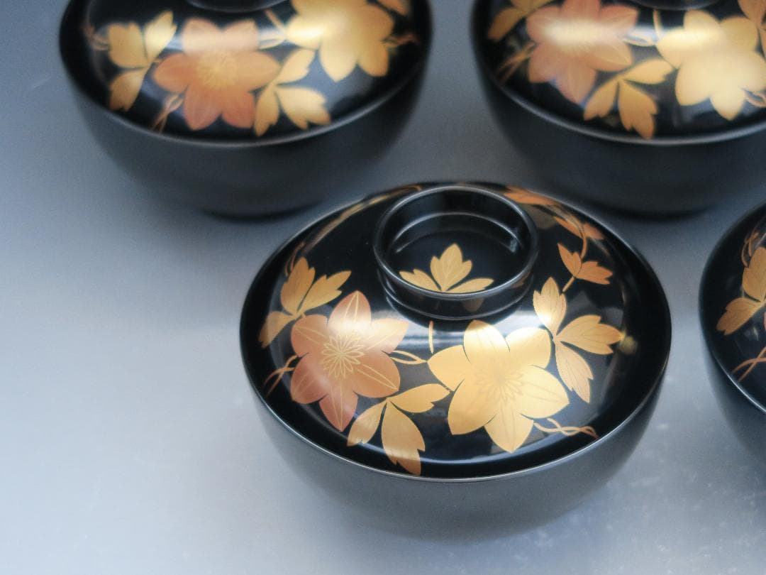 【輪島塗】鉄仙蒔絵 吸物椀 黒塗 五客揃 天然木 共箱