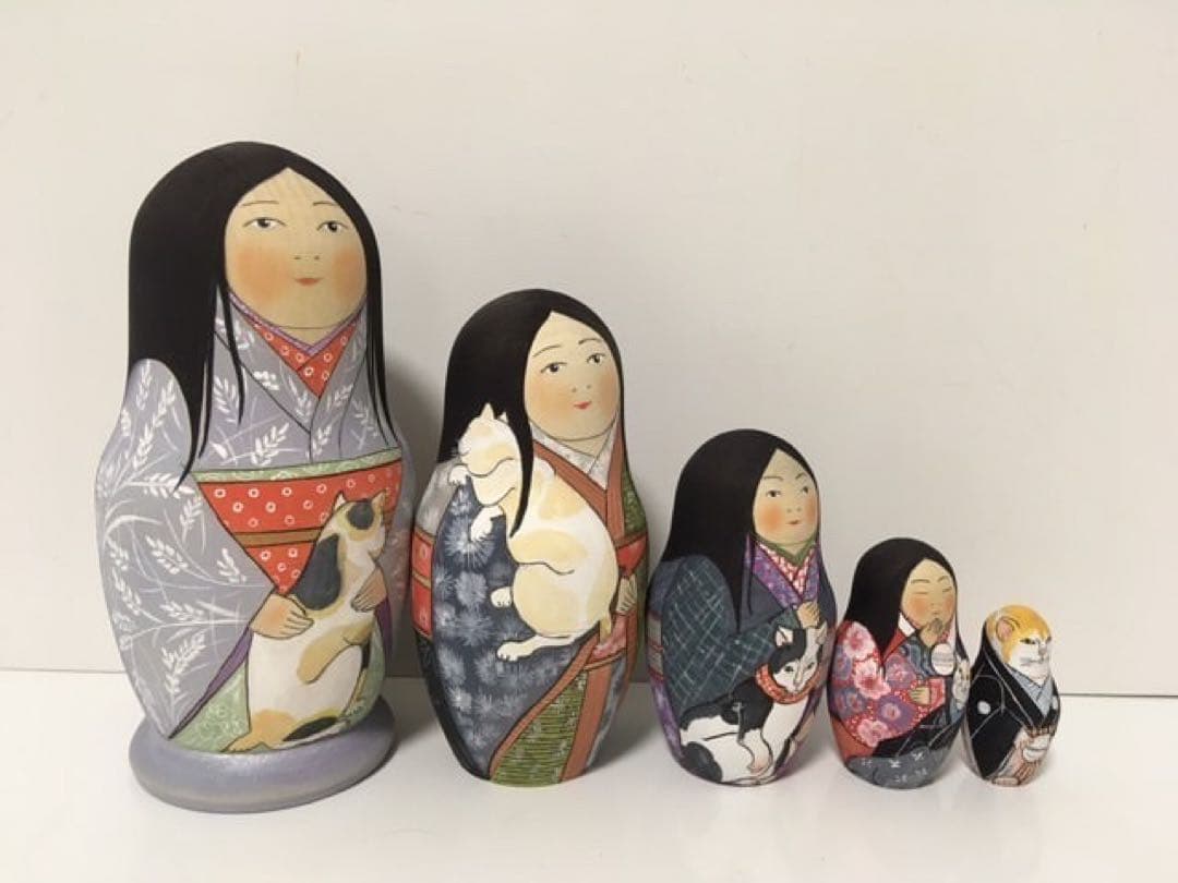 ひな祭りセール♪ロシア雑貨☆着物マトリョーシカ(5P)和風猫ボボワ作オマケ付き♪