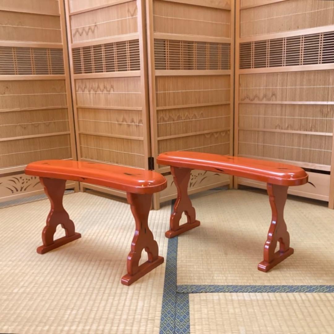 脇息 肘掛け 肘置き 朱色 根来塗 2点 和風 旅館 家具 古道具 昭和 レトロ