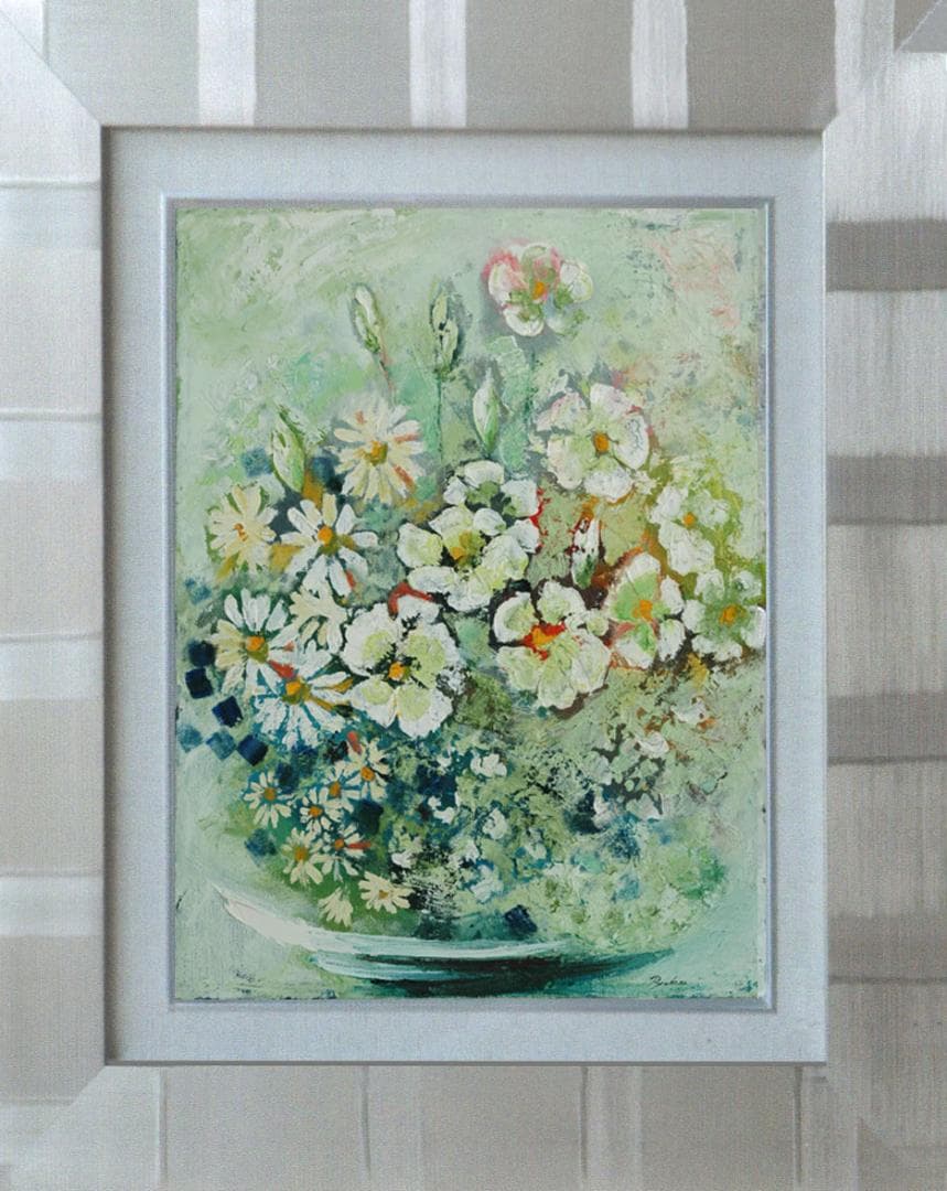油絵 菅家令子 絵 絵画インテリア 額付(青緑＋金色の枠)uF6-112802花