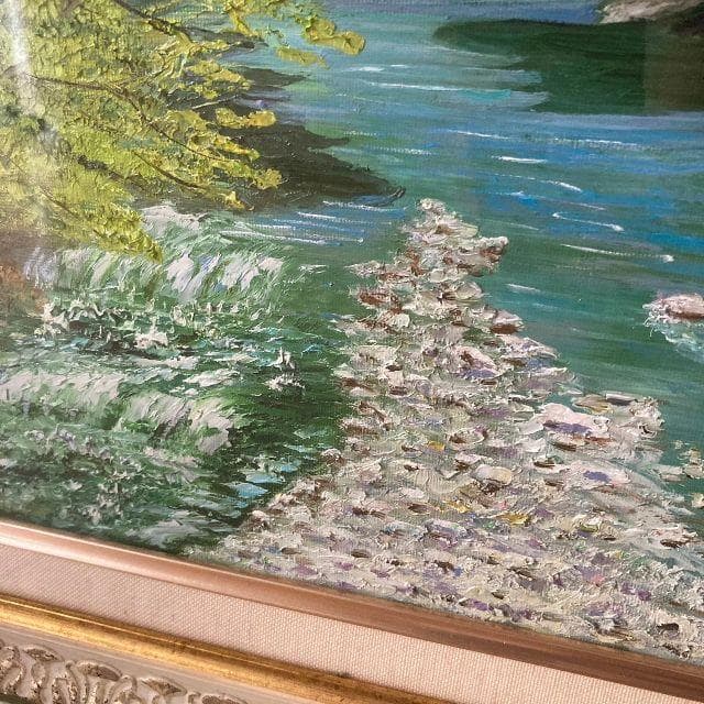 北川照生 画伯作　根尾の清流　肉筆 油彩画 15号 直筆サイン入り 大型 額装