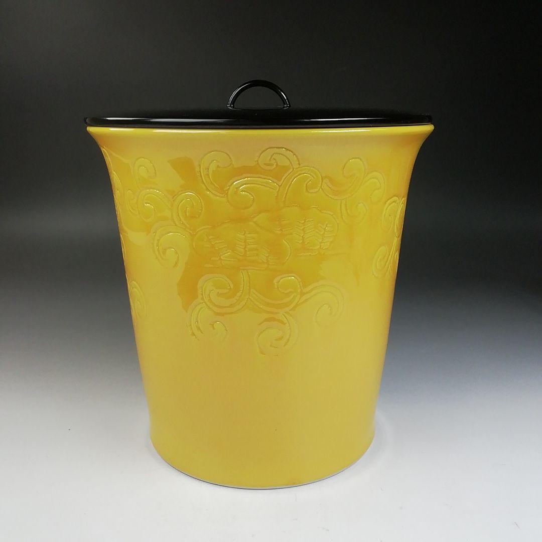 Ｔ７２０　水指　『黄交趾　棒の先』『膳所焼』『淡海ぜぜ陽炎園 造』　共箱　茶道具