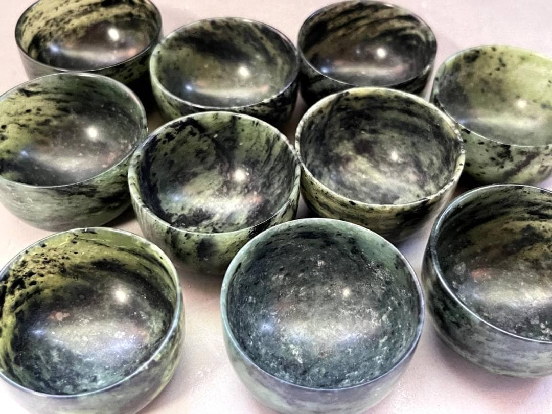 猪口■緑石彫り 酒盃 酒泉 唐物 漆册中国 酒器 ぐい呑み 夜光盃 緑玉 古玩■