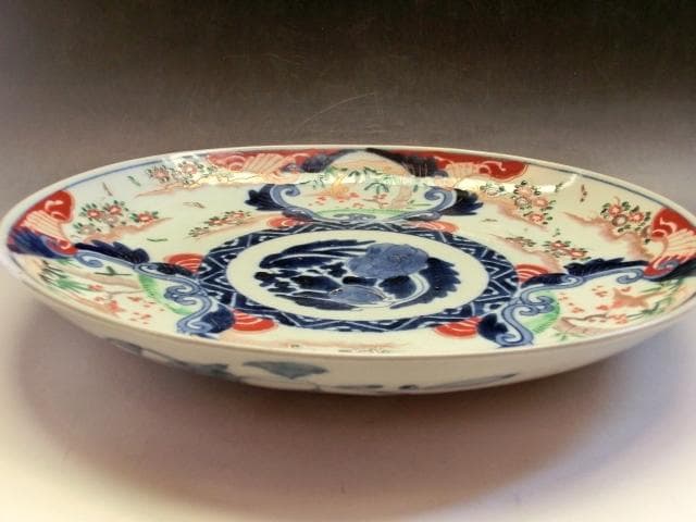 大皿■赤絵錦絵 窓松竹梅 花鳥紋(江戸後期～明治期)古伊万里 時代物 古い骨董■