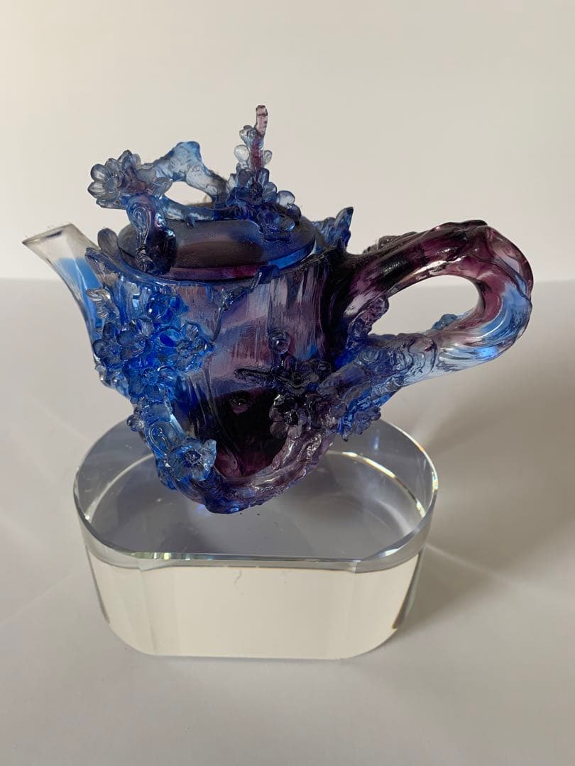 美品 中国美術 ガラス工芸 琉璃夏史 急須型置物 箱付き アンティーク オブジェ