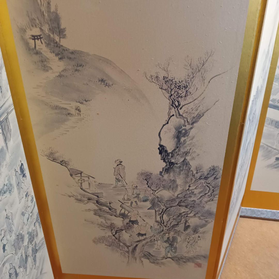 江戸時代風俗図　水墨画＆金屏風セット(175x60cm)X六曲X３枚