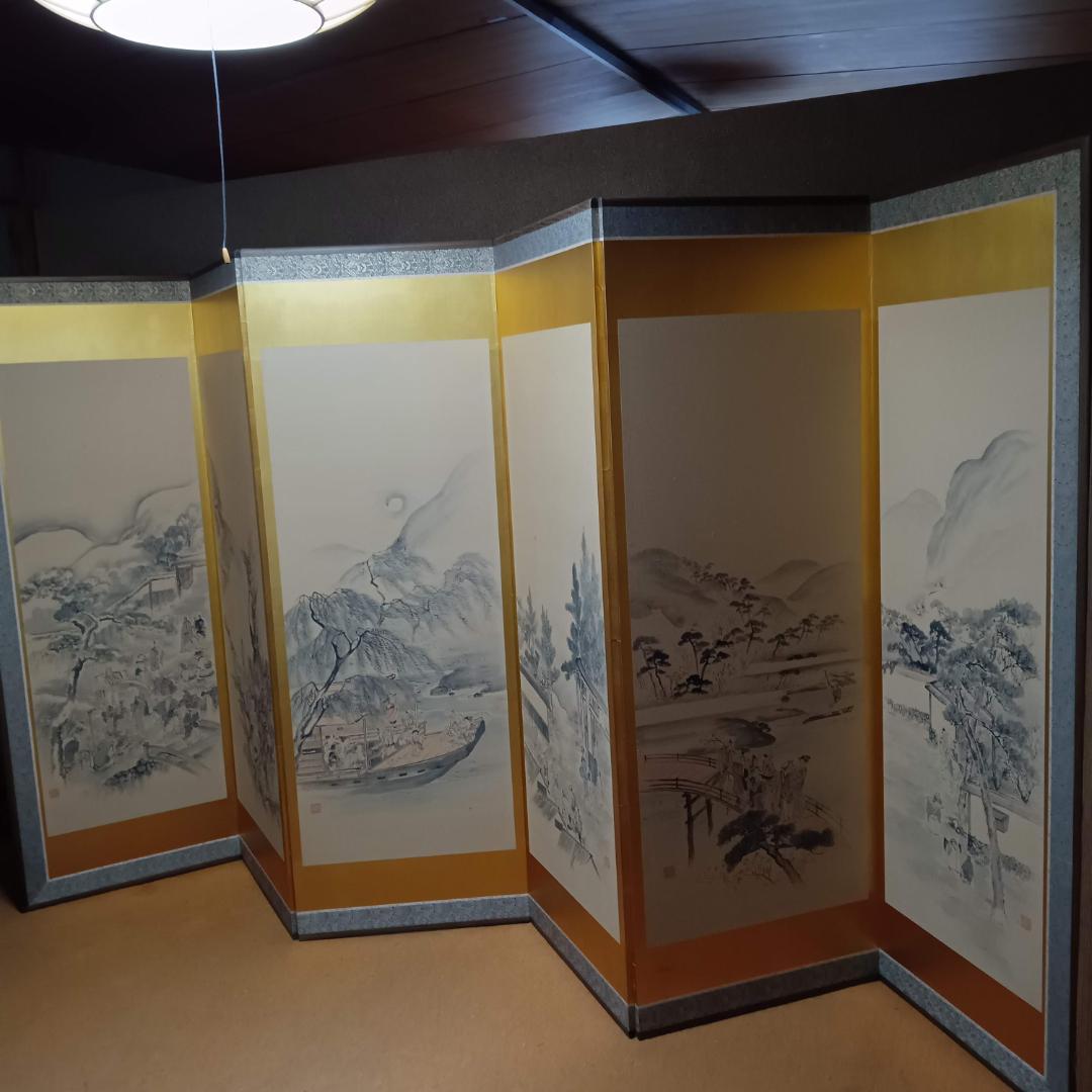 江戸時代風俗図　水墨画＆金屏風セット(175x60cm)X六曲X３枚